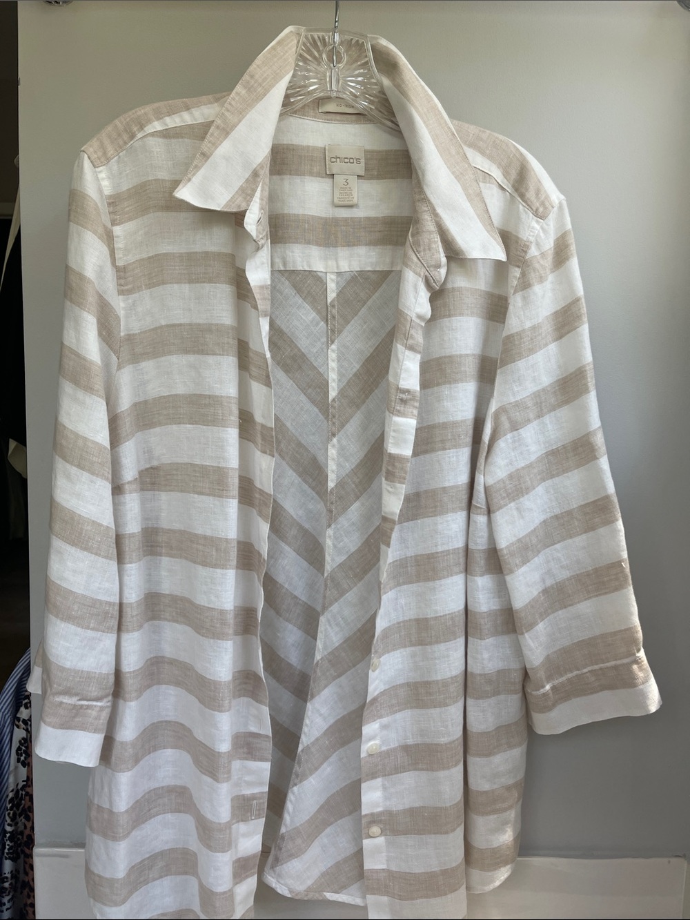 Chico's Non-Iron  Beige and White Striped Linen Shirt Jacket